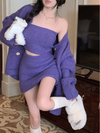 2023 Autumn Purple Knitted Sweater Suit Woman Sexy Y2k Mini Skirt Party Korea 3 Piece Set