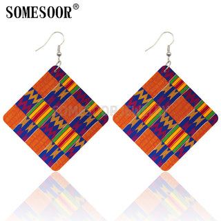 SOMESOOR Geometric African Fabric Style Bohemian Wooden Drop Earrings Afro Ethnic Square Pendant Dangle Jewelry For Women Gifts