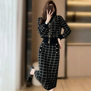 Elegant Half Turtleneck Plaid Sweaters Tops+slim High Waist Knitwear Skirts 2 Piece