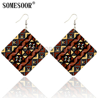 SOMESOOR Geometric African Fabric Style Bohemian Wooden Drop Earrings Afro Ethnic Square Pendant Dangle Jewelry For Women Gifts