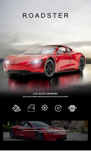 1:24 Tesla Roadster Alloy Sports Car Model Diecasts Metal Toy Vehicles Car Model Simulation Sound and Light Collection Kids Gift