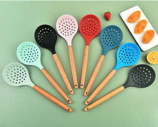 1Pcs Cooking Silicone Strainer Food Non-Stick Heat-Resistant Wooden Handle Colander Spoon Skimmer Strainer Cooking Kitchen Tools