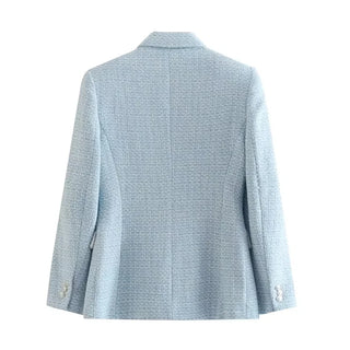 Fashion Women Beige Tweed Blazer Jacket For Office Lady