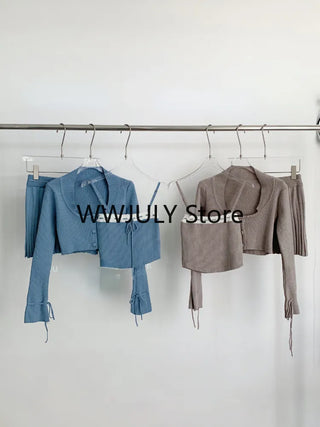 korean Grey Knitted Suit Woman Y2k Crop Tops Sweater