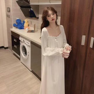 White Night Dress Women Korean Style Ruffles