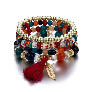 Mexico Bohemian Style Women Accessories Multi-Layer Wooden Beaded Bracelet Tree of Life Tassel Pendant Elastic Bracelet Jewelry