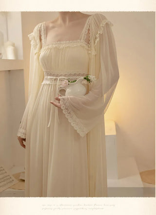 2PCS Robe Set Female Court Style Satin Nightdress Sexy Lace