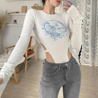 Spring Summer Sexy Hot Girl Hollow Jumpsuit Women's Long-sleeved Design Sense Waistless O-neck Slim Longsleeve Short T-shirt Top ALODIA STORE