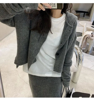 Elegant Knitting 2 Piece Set Women Long Sleeve Coat + Casual Midi Skirt