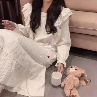 White Night Dress Women Korean Style Ruffles