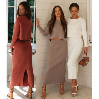 Knitted 2 Pieces Set Women Pullovers Sweater Crop Tops & Knitted Skirts