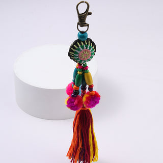 1pc Flower Charms Keychains Wooden Beads With Pompom Keyring Colorful Jewelry Boho Style