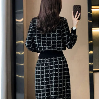 Elegant Half Turtleneck Plaid Sweaters Tops+slim High Waist Knitwear Skirts 2 Piece