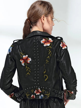 Ftlzz Women Floral Print Embroidery Faux Soft Leather Jacket Coat