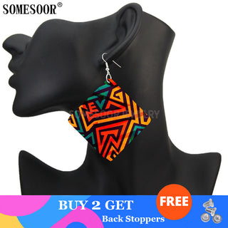 SOMESOOR Geometric African Fabric Style Bohemian Wooden Drop Earrings Afro Ethnic Square Pendant Dangle Jewelry For Women Gifts