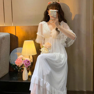 Long-sleeved Sexy Lace Home Clothes Night Gown Sleep Dress