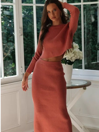 Knitted 2 Pieces Set Women Pullovers Sweater Crop Tops & Knitted Skirts