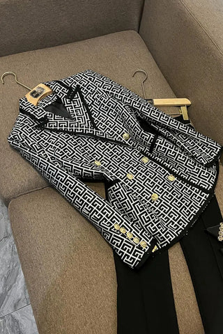 hite Geometric Pattern Jacquard Double-breasted Women Blazer