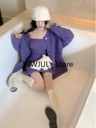 2023 Autumn Purple Knitted Sweater Suit Woman Sexy Y2k Mini Skirt Party Korea 3 Piece Set