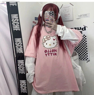 Sanrio Hello Kitty Sweet Long Sleeve Shirt Women Y2K Street Fashion Clothes Lovely Oversized Casual Pullover Korean Style Tops