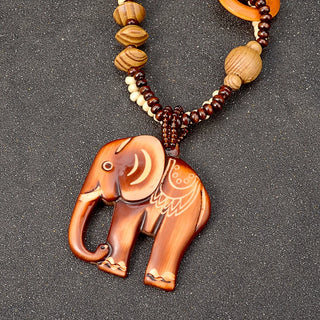 Boho Jewelry Ethnic Style Long Hand Made Bead Wood Elephant Pendant Necklace Sweater Chain For Women Fashion Neck Jewelry Gift