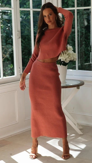 Knitted 2 Pieces Set Women Pullovers Sweater Crop Tops & Knitted Skirts