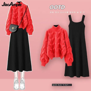 Knitted Sweater Strap Skirt Two Piece Korean Elegant Pullover Dress Suit