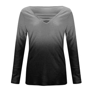 Women Blouse Longsleeve Women'S T-Shirt Fashion Casual Gradient Color Print V-Neck Slim Long Sleeve Top футболка оверсайз