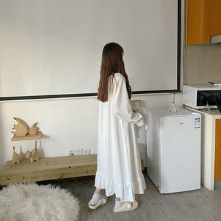 White Night Dress Women Korean Style Ruffles