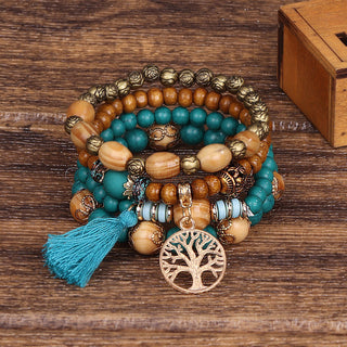 Mexico Bohemian Style Women Accessories Multi-Layer Wooden Beaded Bracelet Tree of Life Tassel Pendant Elastic Bracelet Jewelry