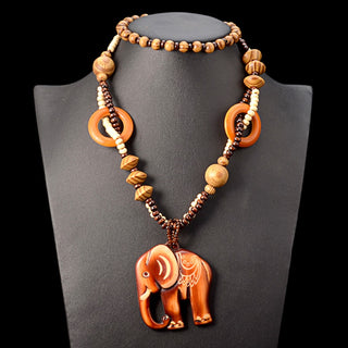 Boho Jewelry Ethnic Style Long Hand Made Bead Wood Elephant Pendant Necklace Sweater Chain For Women Fashion Neck Jewelry Gift