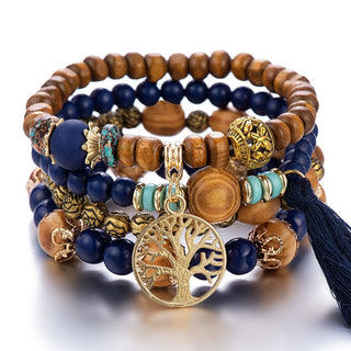 Mexico Bohemian Style Women Accessories Multi-Layer Wooden Beaded Bracelet Tree of Life Tassel Pendant Elastic Bracelet Jewelry