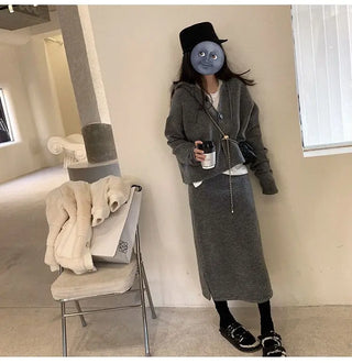 Elegant Knitting 2 Piece Set Women Long Sleeve Coat + Casual Midi Skirt