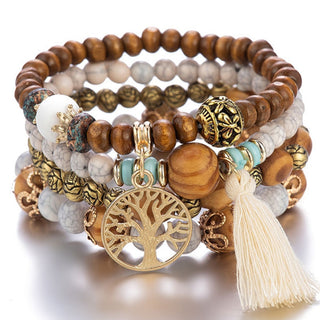 Mexico Bohemian Style Women Accessories Multi-Layer Wooden Beaded Bracelet Tree of Life Tassel Pendant Elastic Bracelet Jewelry