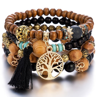 Mexico Bohemian Style Women Accessories Multi-Layer Wooden Beaded Bracelet Tree of Life Tassel Pendant Elastic Bracelet Jewelry