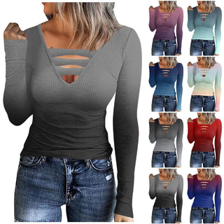 Women Blouse Longsleeve Women'S T-Shirt Fashion Casual Gradient Color Print V-Neck Slim Long Sleeve Top футболка оверсайз