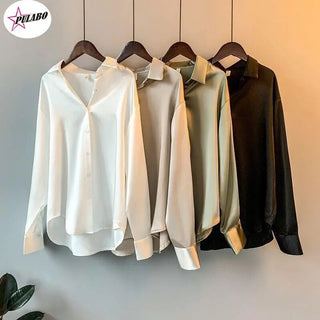 Satin Shirt Womens Clothing Silk Shirts Vintage Blouse Office Lady Sheer Top Longsleeve Dress Shirt Ladies Overshirt Alodia Store
