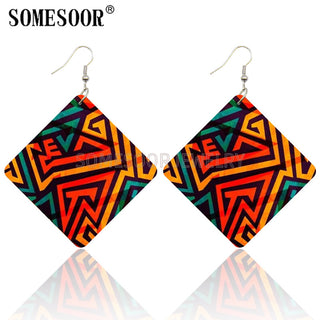 SOMESOOR Geometric African Fabric Style Bohemian Wooden Drop Earrings Afro Ethnic Square Pendant Dangle Jewelry For Women Gifts