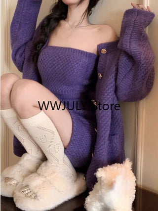 2023 Autumn Purple Knitted Sweater Suit Woman Sexy Y2k Mini Skirt Party Korea 3 Piece Set