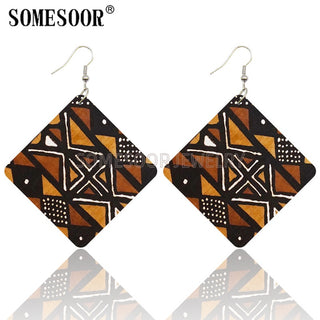 SOMESOOR Geometric African Fabric Style Bohemian Wooden Drop Earrings Afro Ethnic Square Pendant Dangle Jewelry For Women Gifts