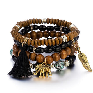 Mexico Bohemian Style Women Accessories Multi-Layer Wooden Beaded Bracelet Tree of Life Tassel Pendant Elastic Bracelet Jewelry