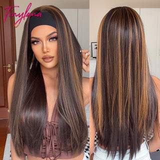 Chocolate Brown Mixed Golden Blonde Long Straight Synthetic Women&#39;s Headband Wigs Bohemian Hair For Black Women Fake Hair