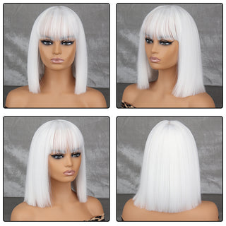 WERD Short White Grey Wig For Woman With Bangs Ladies Anime High Temperature Fiber Synthetic Cosplay Lolita Wig