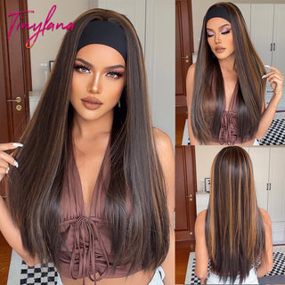 Chocolate Brown Mixed Golden Blonde Long Straight Synthetic Women&#39;s Headband Wigs Bohemian Hair For Black Women Fake Hair