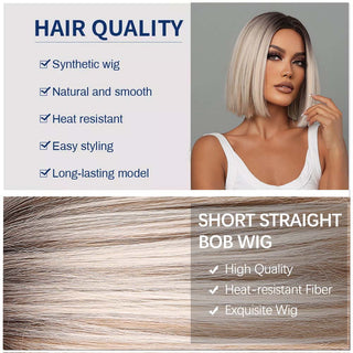 Ombre Brown Platinum Blonde Synthetic Wigs Short Straight Bob Wigs for Black Women Daily Natural Heat Resistant Hair Cosplay