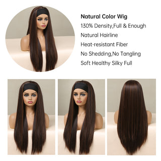 Chocolate Brown Mixed Golden Blonde Long Straight Synthetic Women&#39;s Headband Wigs Bohemian Hair For Black Women Fake Hair