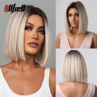 Ombre Brown Platinum Blonde Synthetic Wigs Short Straight Bob Wigs for Black Women Daily Natural Heat Resistant Hair Cosplay