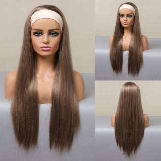 Chocolate Brown Mixed Golden Blonde Long Straight Synthetic Women&#39;s Headband Wigs Bohemian Hair For Black Women Fake Hair