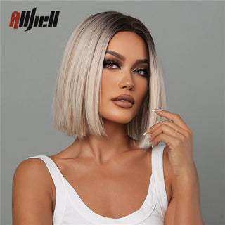 Ombre Brown Platinum Blonde Synthetic Wigs Short Straight Bob Wigs for Black Women Daily Natural Heat Resistant Hair Cosplay