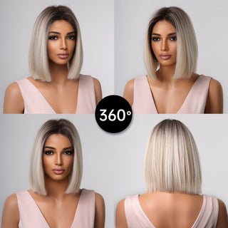 Ombre Brown Platinum Blonde Synthetic Wigs Short Straight Bob Wigs for Black Women Daily Natural Heat Resistant Hair Cosplay